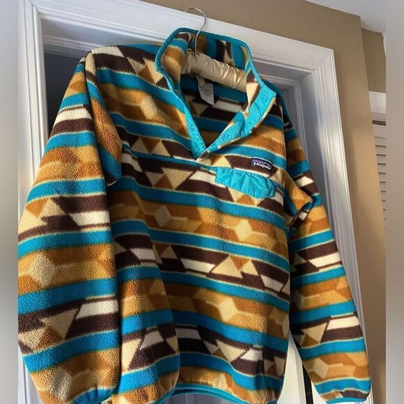 Patagonia Synchilla Snap T Fleece Pullover Geometric Blue Gold sweater - Picture 5 of 7